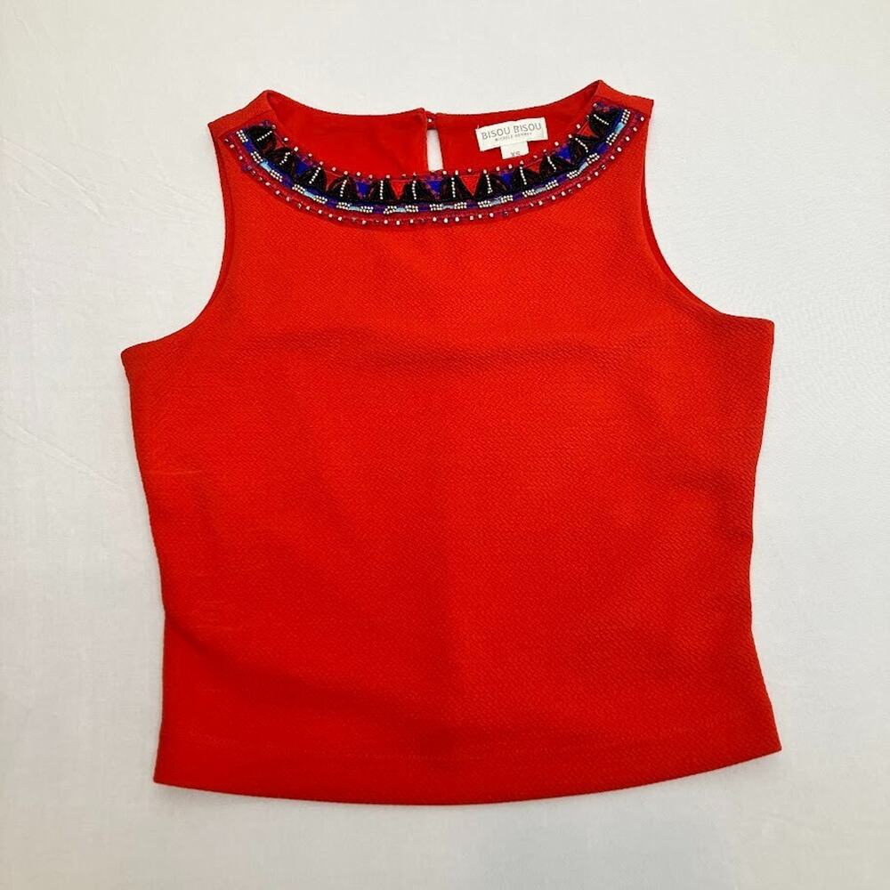 BISOU BISOU Red Sleeveless Round Neck Beaded Crop Top Tank Womens Size XS